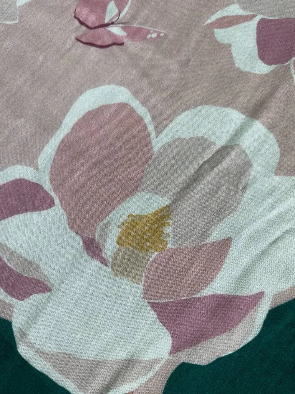 Kate Spade Pink Magnolia Floral Print Oblong Scarf Butterfly Gold Foil Logo